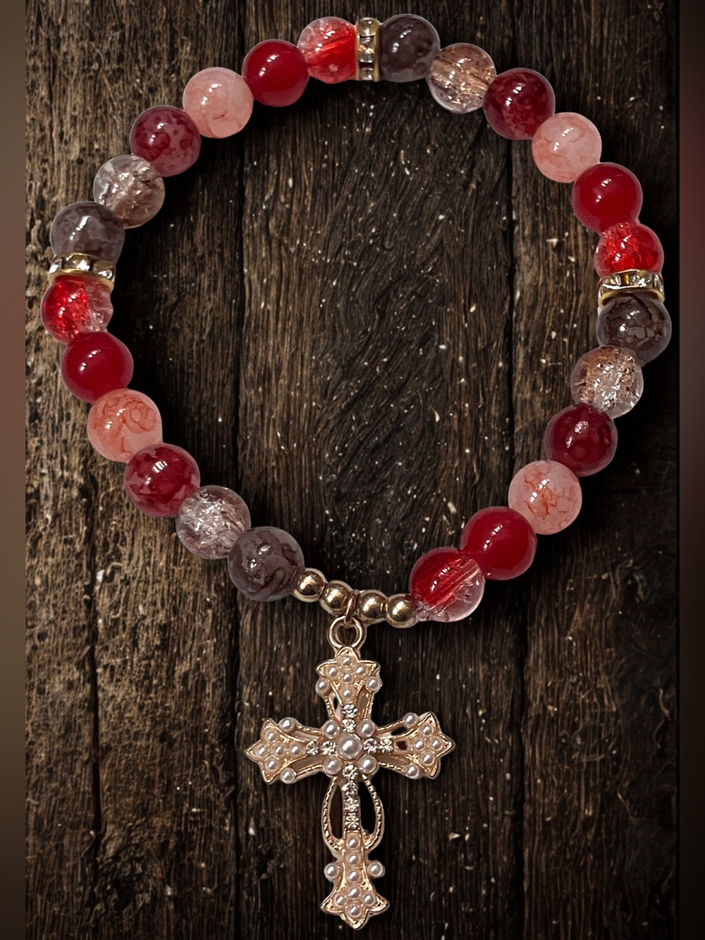 Gold cross charm/ red and brown glass beaded bracelet handmade